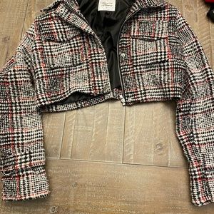 Red black and white plaid bomber jacket